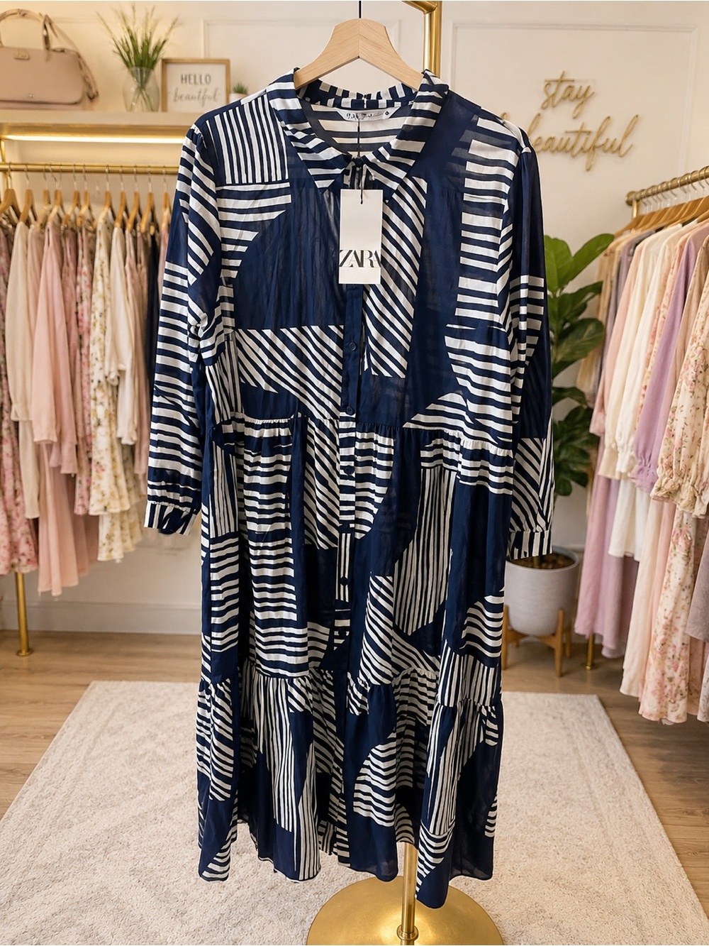 Zara Navy and White Geometric Long Sleeve Midi Dress